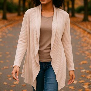 JODIFL Cream Beige Waffle Knit Cardigan Open Size Sweater Medium